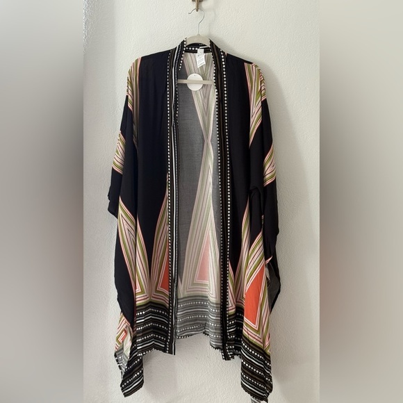 Chic Black and Multicolor Kimono Duster Art Deco Size L - Picture 4 of 11